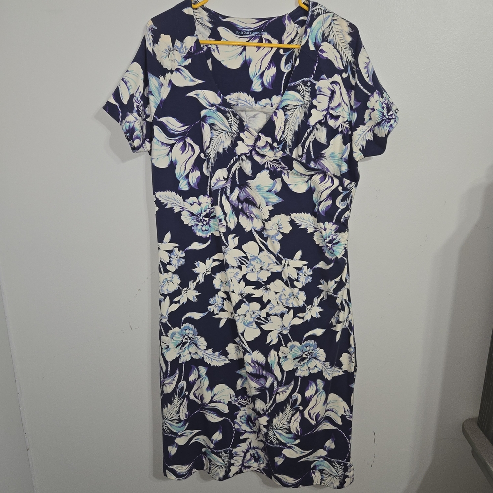 M#12 Soft Surroundings Shapely Fitted Surplice‎ Wrap Blue Floral Dress Size XL